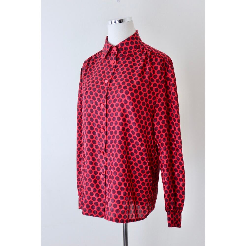 Vintage 1990s Louis Feraud Button Down Blouse Long Sleeve Collared Polka Dot Red - Picture 5 of 12